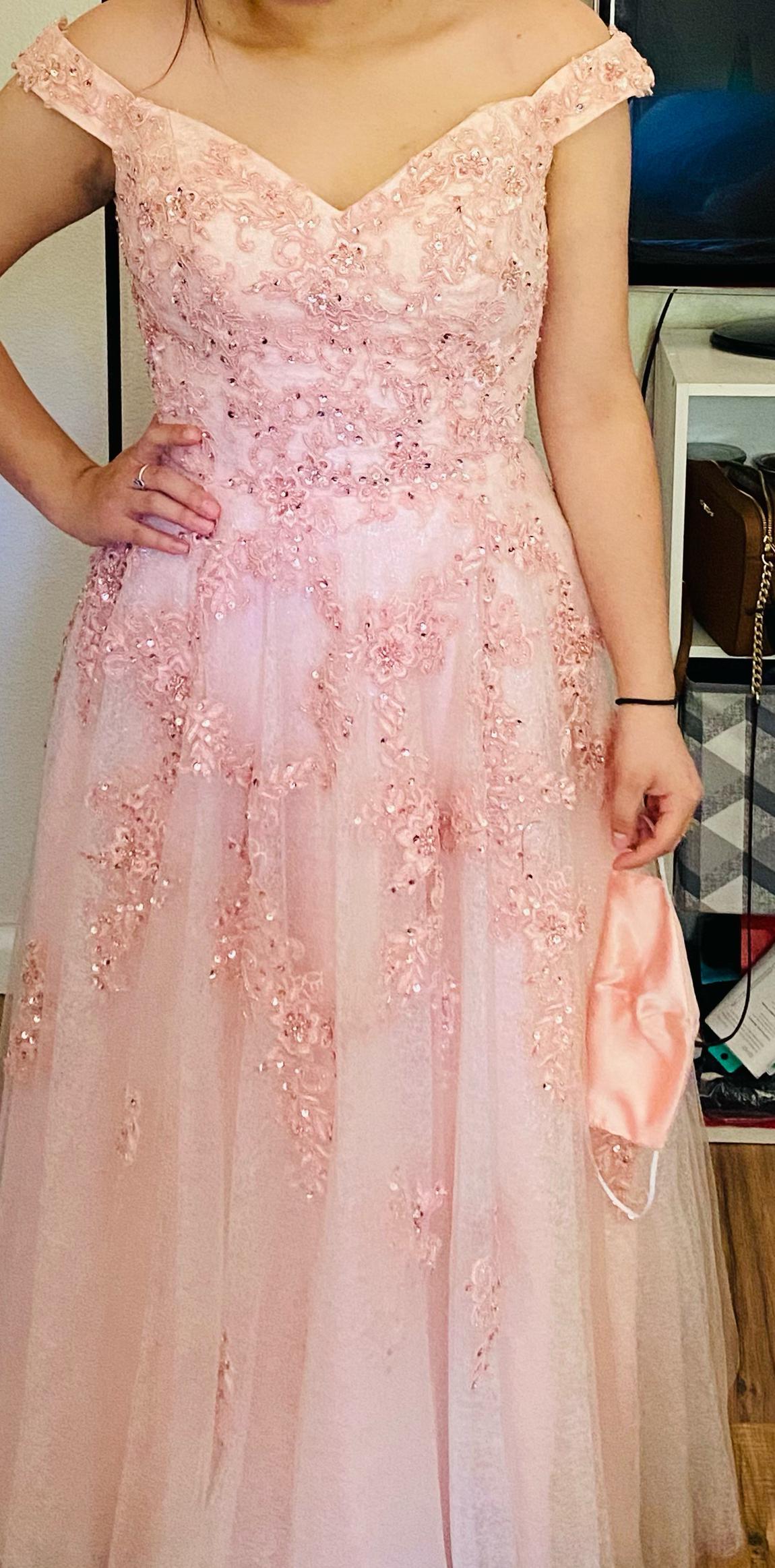 Let’s Size 8 Prom Off The Shoulder Sequined Light Pink Ball Gown on Queenly