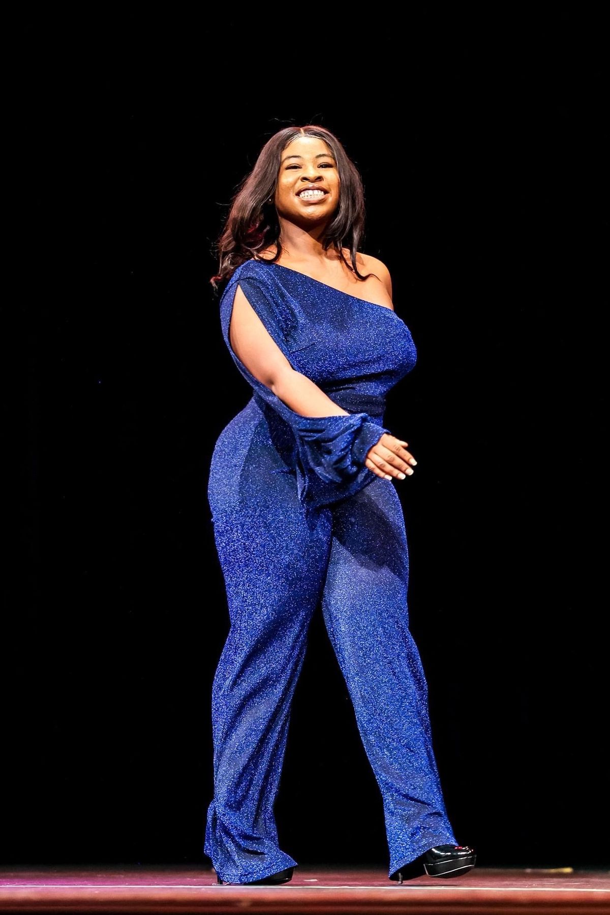 Size 14 Pageant Interview Long Sleeve Blue Formal Jumpsuit on Queenly