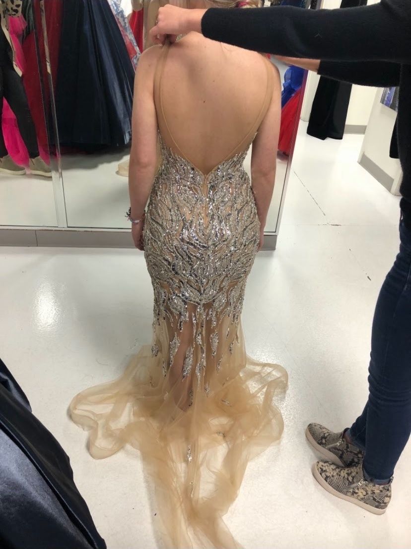 Size 0 Prom Sequined Gold Dress With Train on Queenly