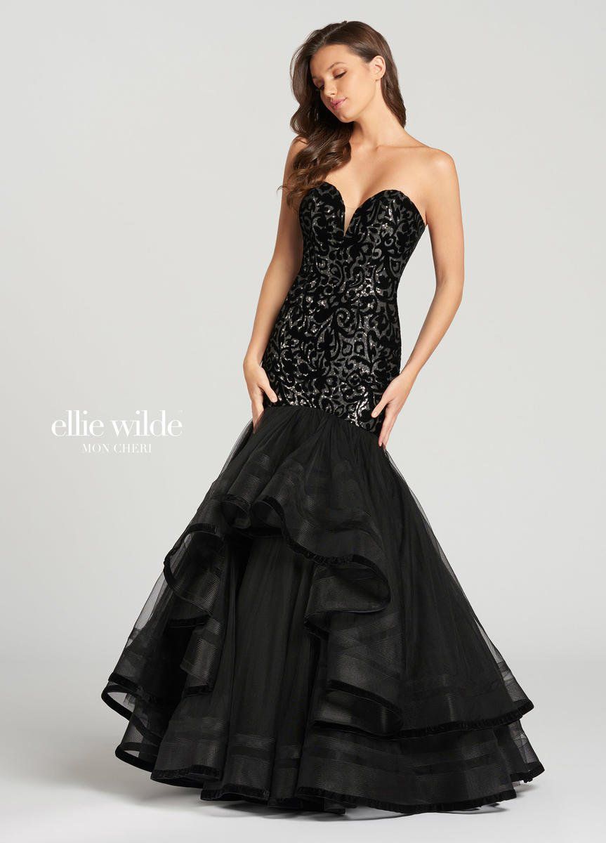 Style EW118136 Ellie Wilde Size 10 Velvet Black Mermaid Dress on Queenly