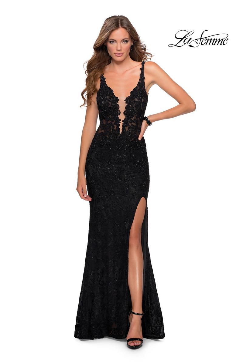 Style 28648 La Femme Size 6 Prom Plunge Lace Black Side Slit Dress on Queenly
