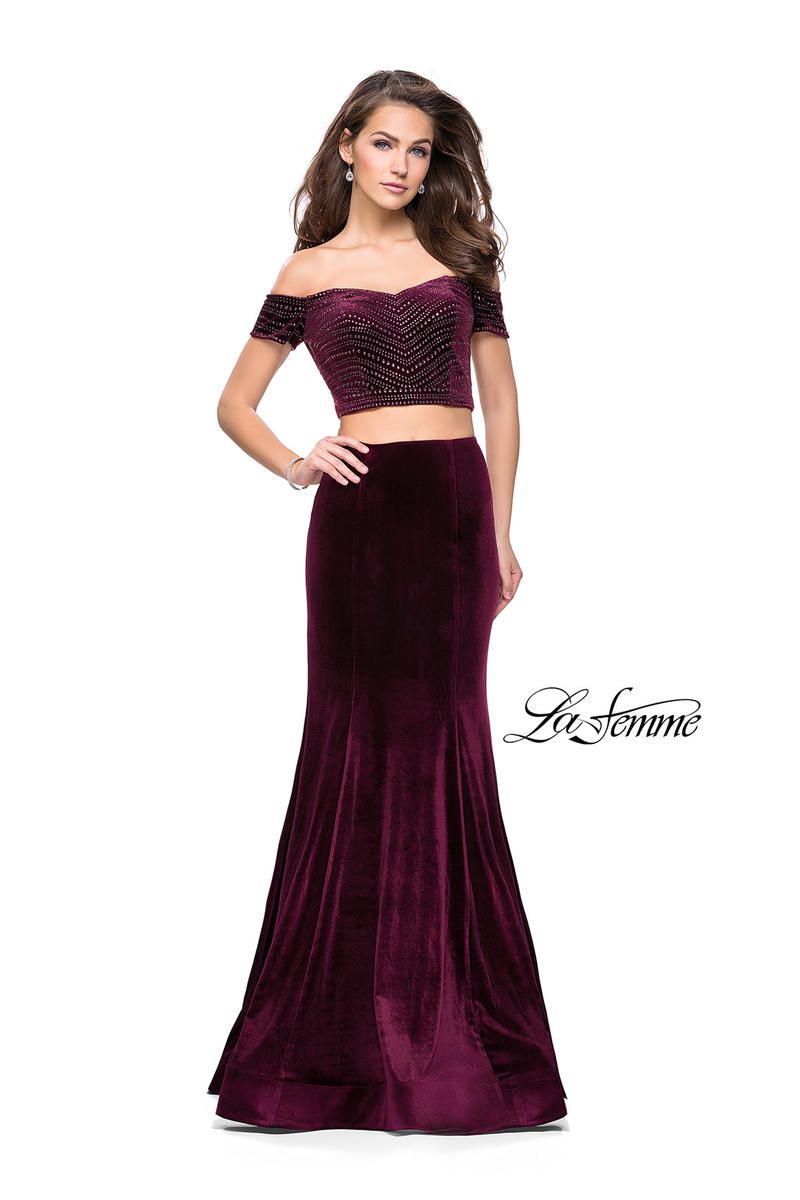 Style 25496 La Femme Size 00 Prom Velvet Burgundy Red Floor Length Maxi on Queenly
