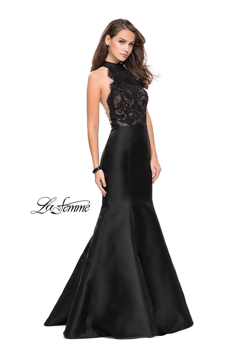 Style 24778 La Femme Size 10 Prom Satin Black Mermaid Dress on Queenly