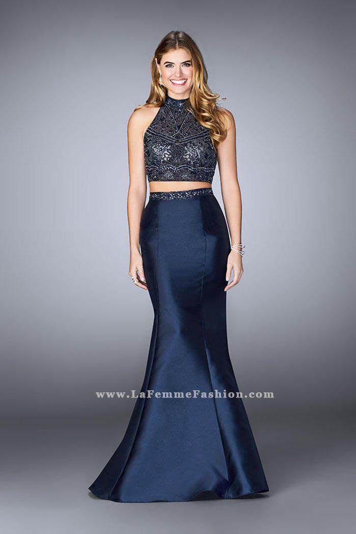 Style 24388 La Femme Size 10 High Neck Satin Navy Blue Mermaid Dress on Queenly