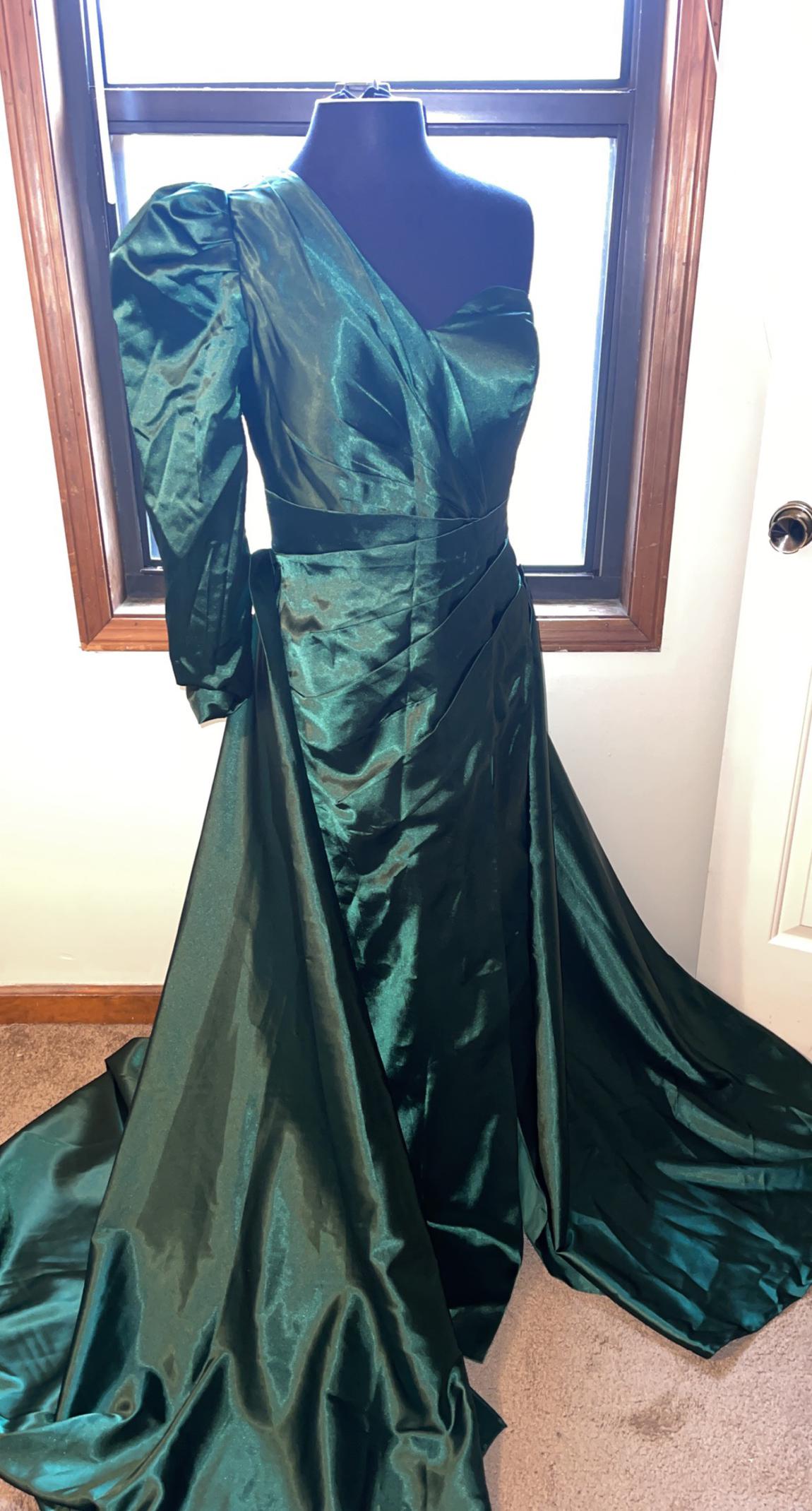 Light in the box Size 14 Prom Long Sleeve Satin Green A-line Dress on Queenly