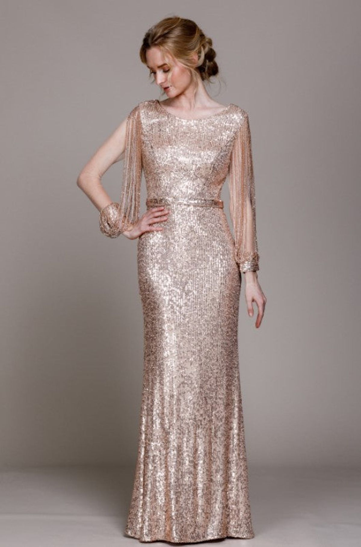 Style 2022 Amelia Couture Size 8 Prom Long Sleeve Sequined Rose Gold Floor Length Maxi on Queenly