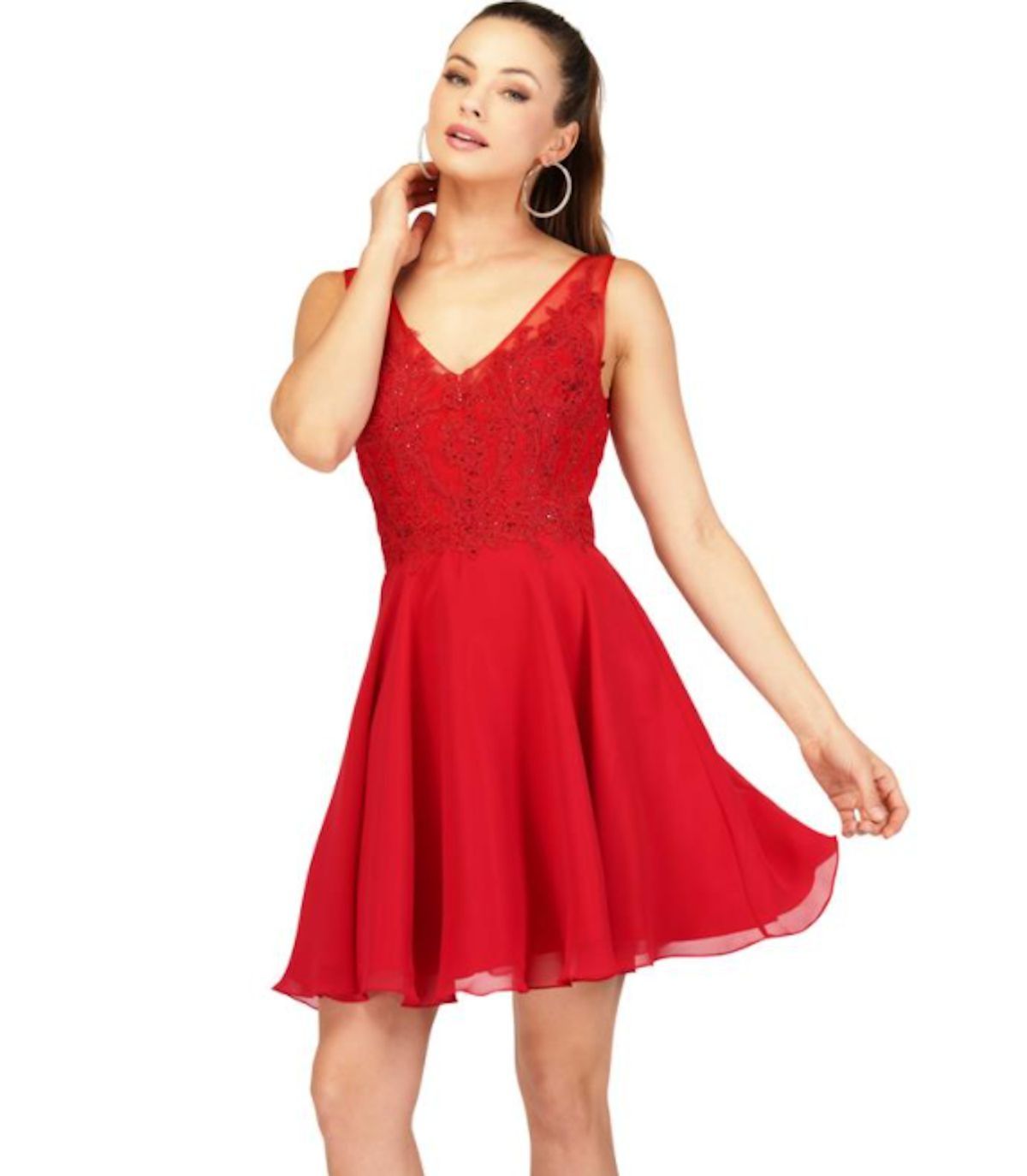 Style Cecily Abby Paris Plus Size 16 Prom Plunge Lace Red Cocktail Dress on Queenly
