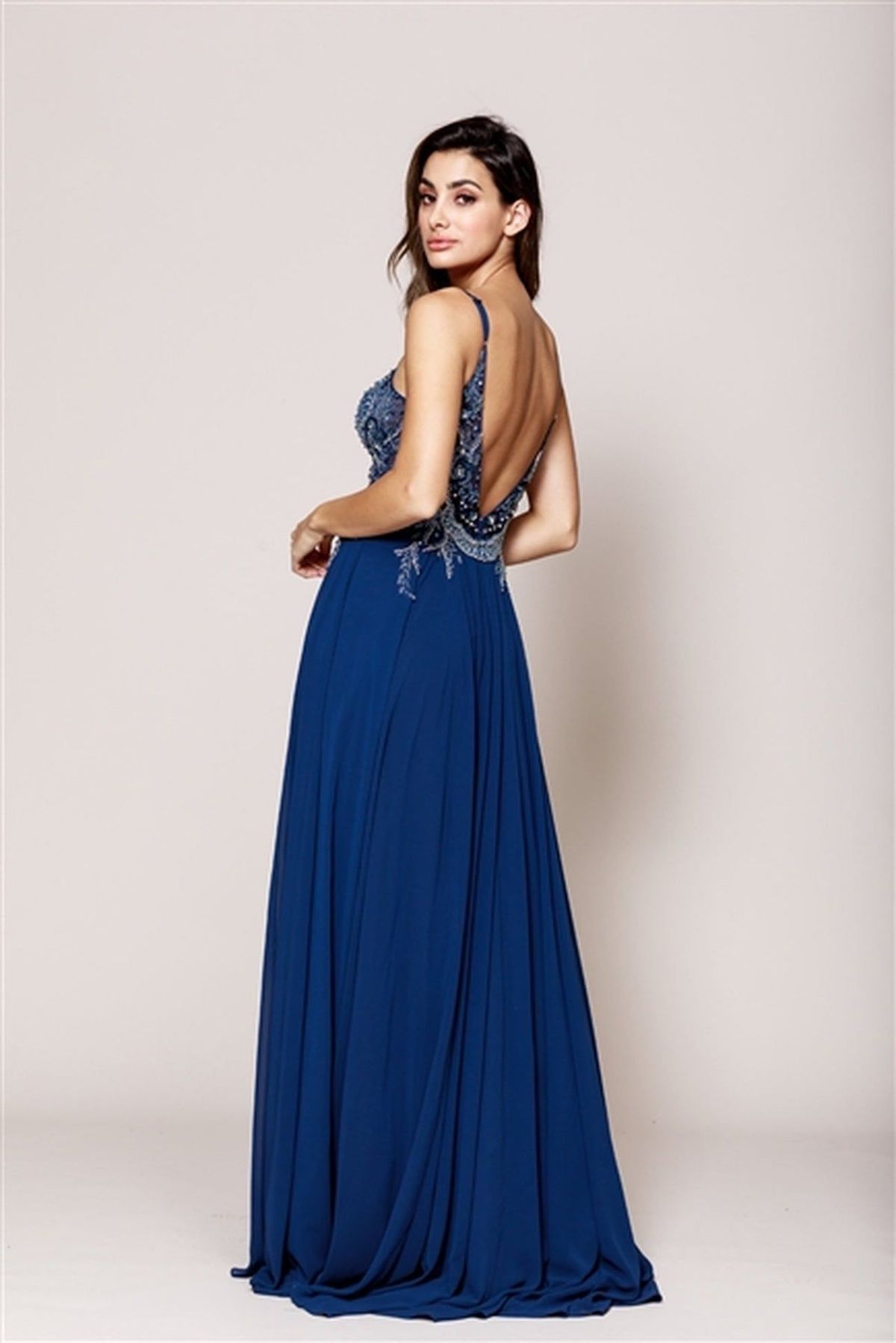 Style 594 Amelia Couture Blue Size 10 Backless Spaghetti Strap Side slit Dress on Queenly