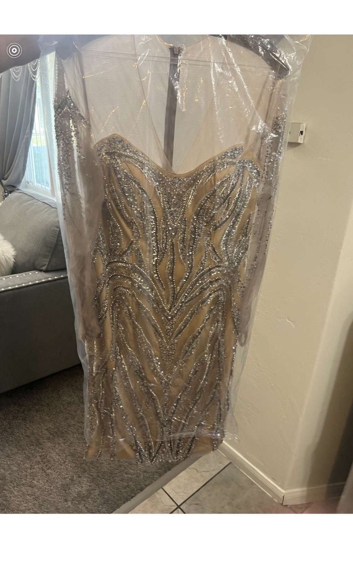 Terani Couture Size 12 Long Sleeve Nude Cocktail Dress on Queenly