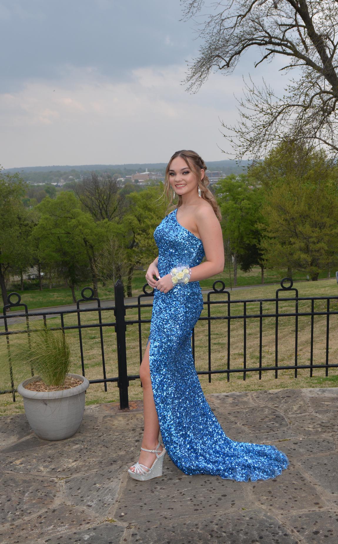 Sherri Hill Size 00 Prom One Shoulder Sequined Light Blue Side Slit Dress on Queenly