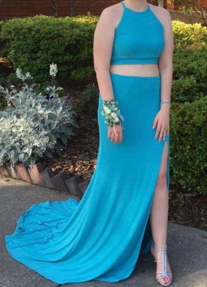 Sherri Hill Size 8 Prom Halter Light Blue Dress With Train on Queenly