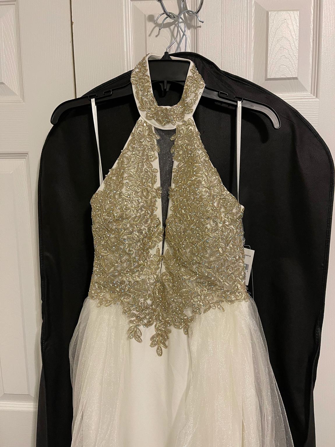 Sequin Hearts Size 4 Prom High Neck Lace Gold Floor Length Maxi on Queenly