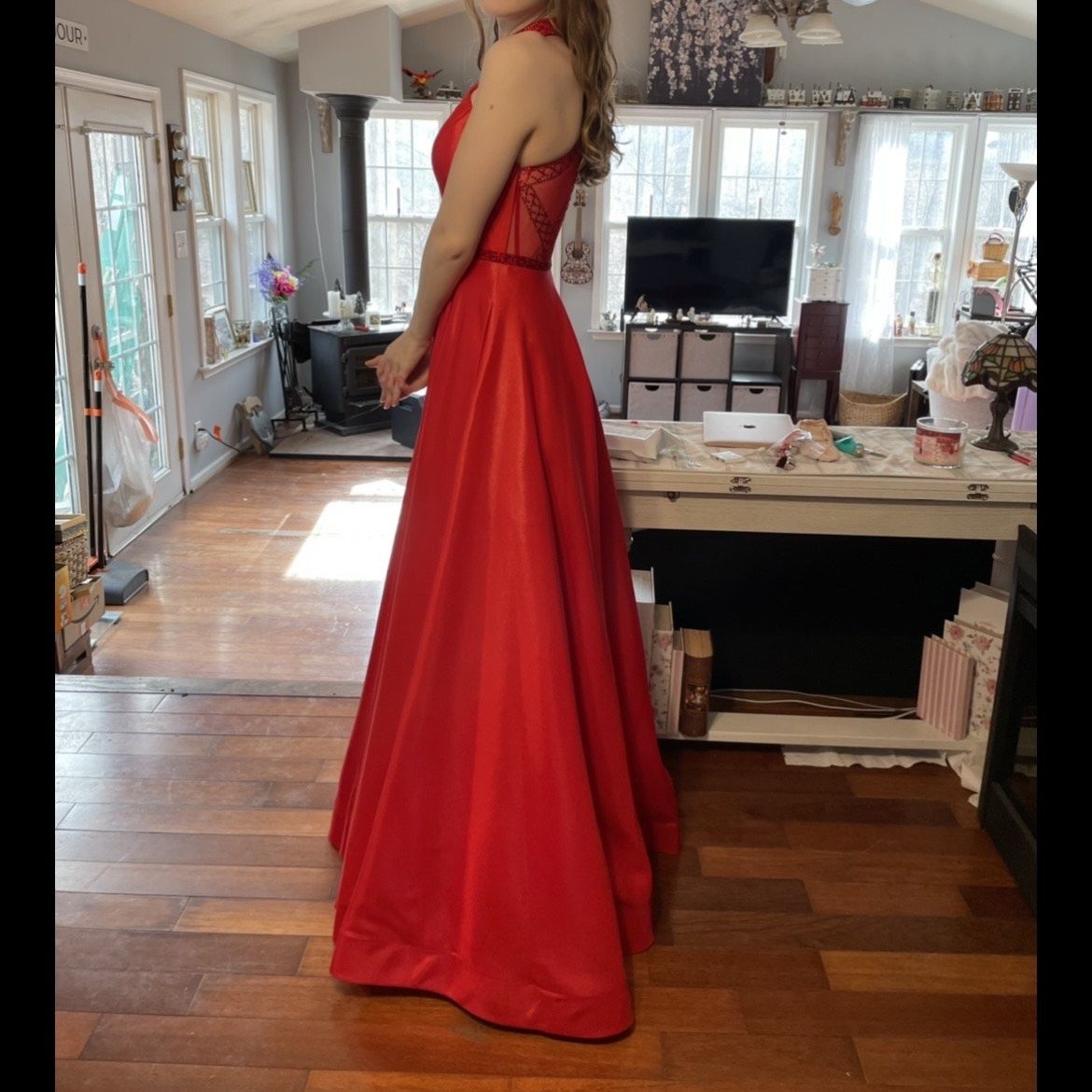 Clarisse Size 0 Prom Halter Sequined Red Ball Gown on Queenly