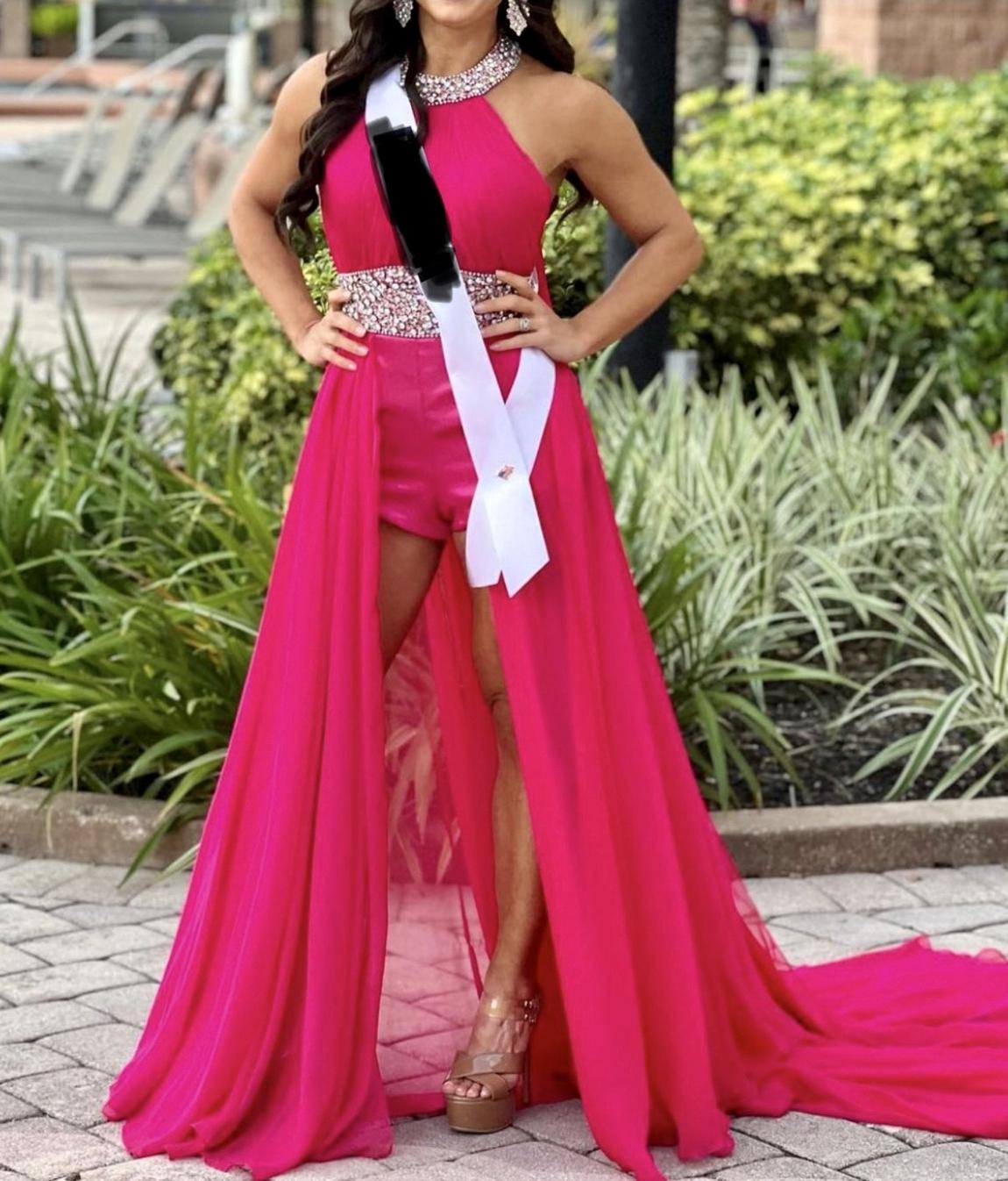 Size 4 Pageant Sequined Hot Pink Formal Jumpsuit on Queenly