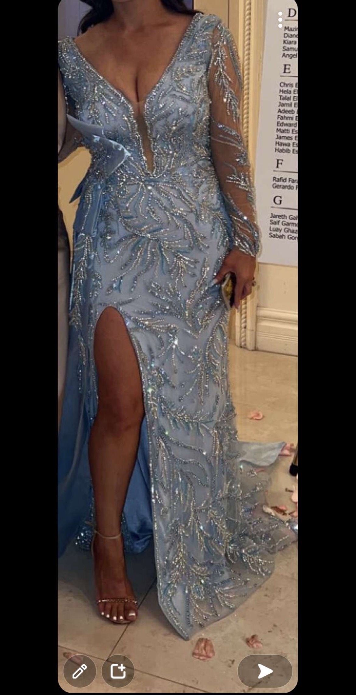 Custom made Size 6 Long Sleeve Sequined Light Blue Side Slit Dress on Queenly