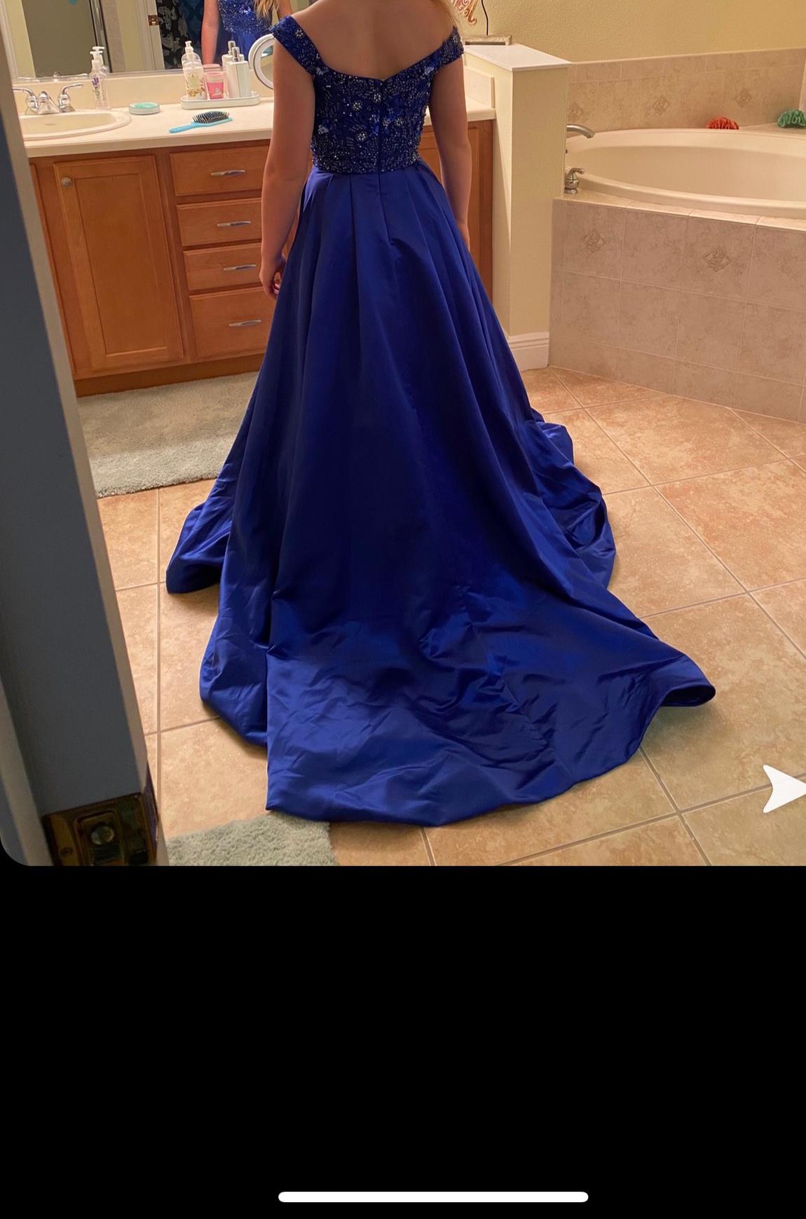 Sherri Hill Size 4 Prom Off The Shoulder Satin Royal Blue Dress With Train on Queenly