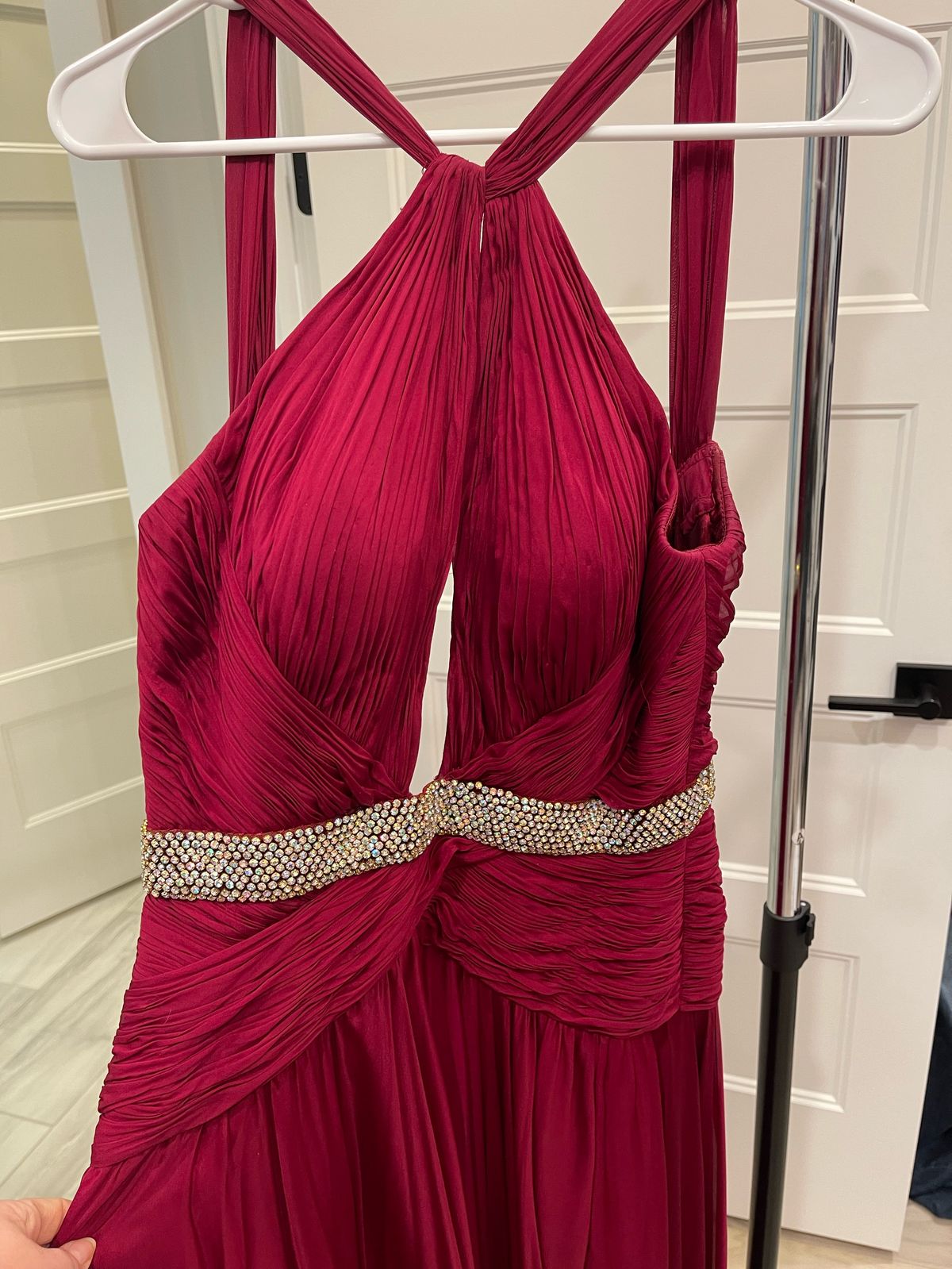 Jovani Size 6 Satin Burgundy Red Side Slit Dress on Queenly