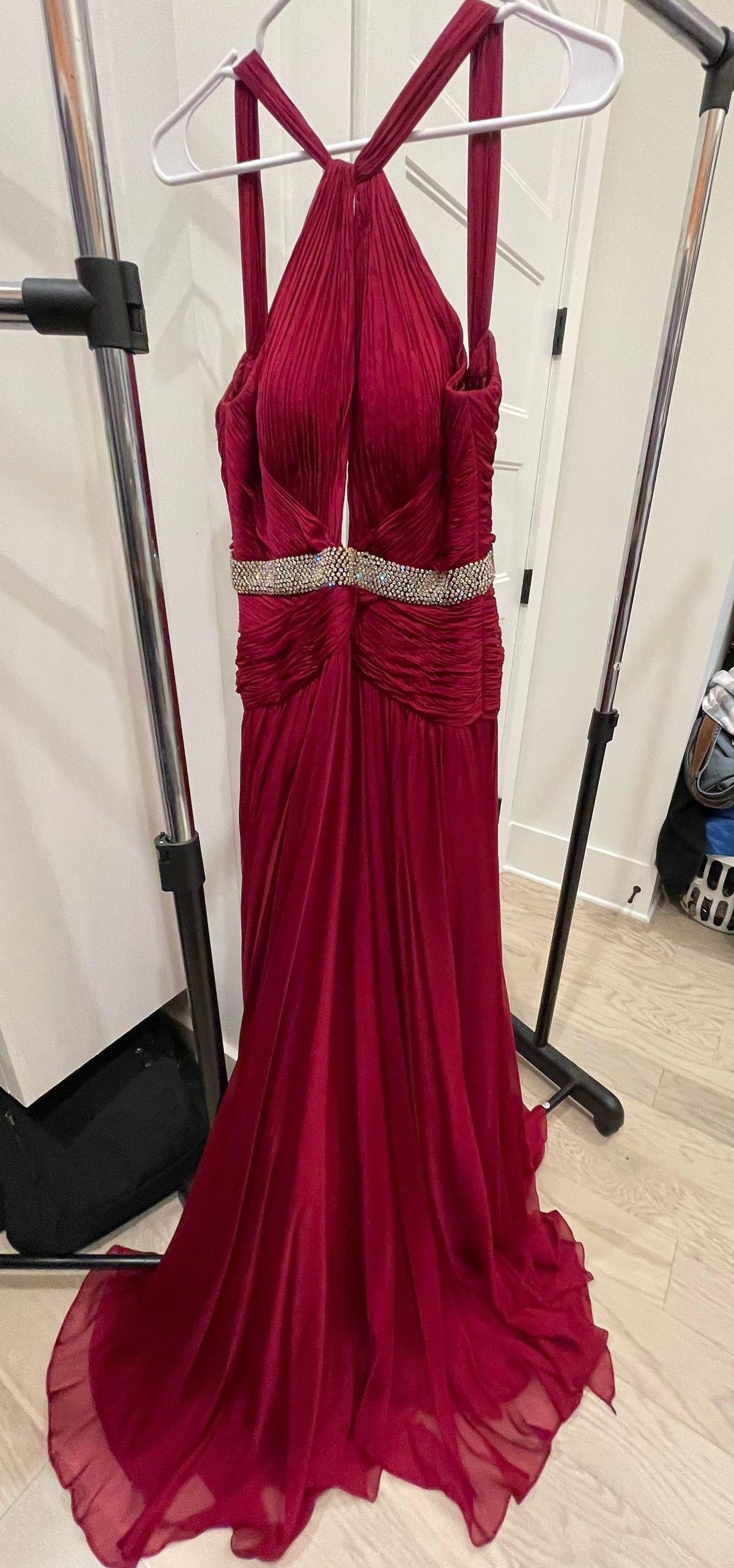 Jovani Size 6 Satin Burgundy Red Side Slit Dress on Queenly