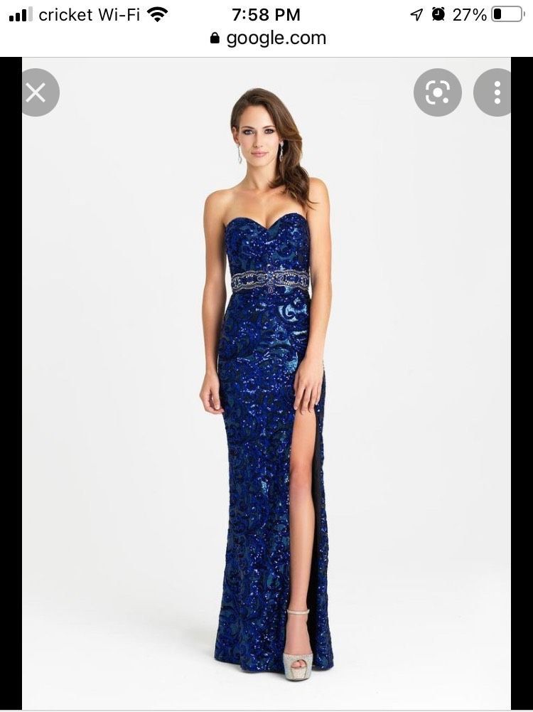 Madison James Size 8 Strapless Sequined Royal Blue Side Slit Dress on Queenly