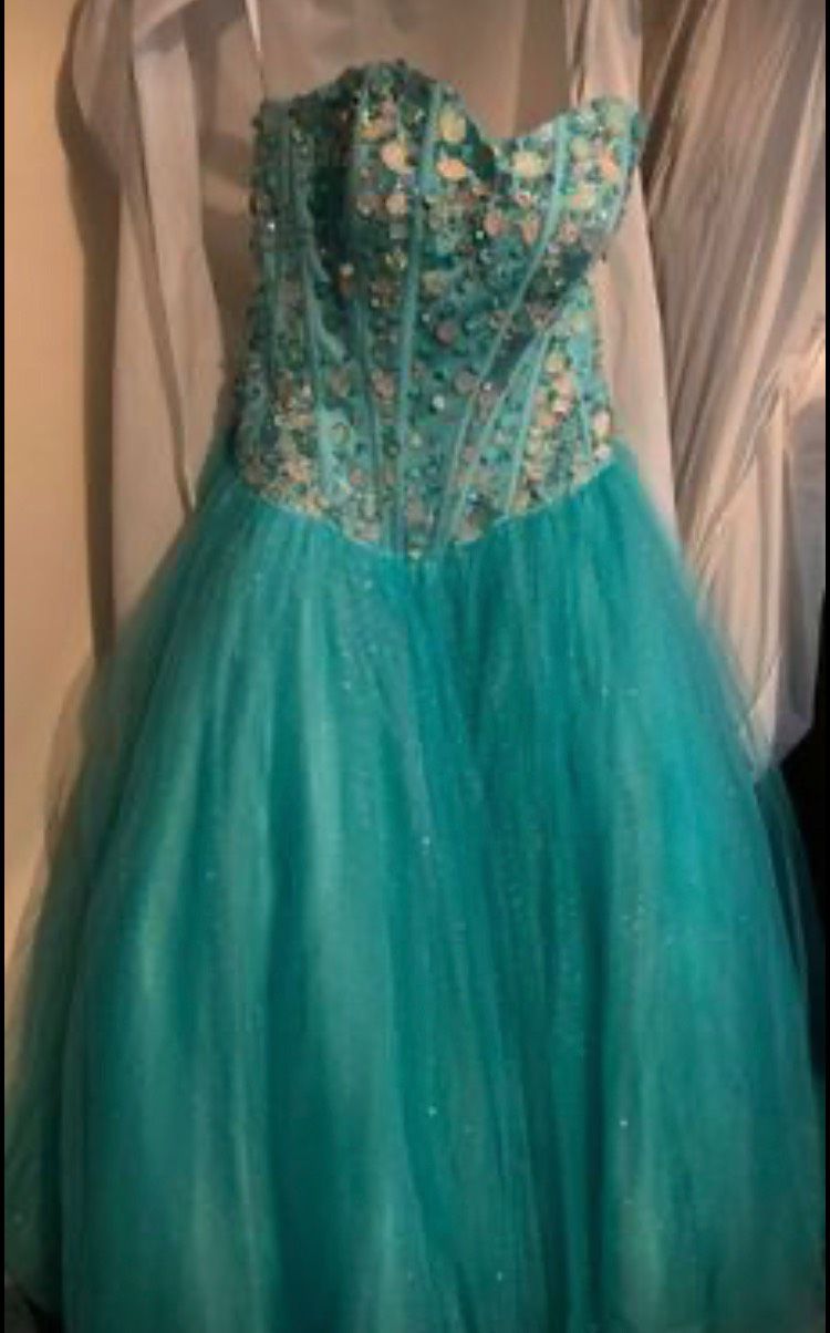 Size 4 Strapless Sequined Turquoise Blue Ball Gown on Queenly