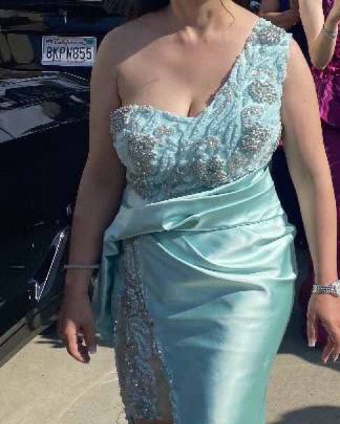 Custom made by designer Size 8 Prom One Shoulder Sequined Light Blue Side Slit Dress on Queenly