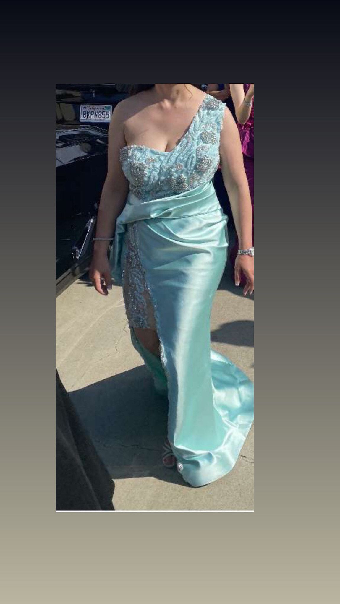 Custom made by designer Size 8 Prom One Shoulder Sequined Light Blue Side Slit Dress on Queenly