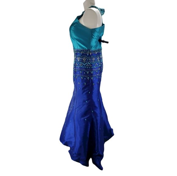 Rachel Allan Plus Size 18 Prom Halter Sequined Blue Mermaid Dress on Queenly