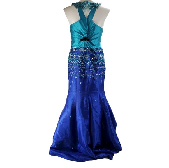 Rachel Allan Plus Size 18 Prom Halter Sequined Blue Mermaid Dress on Queenly