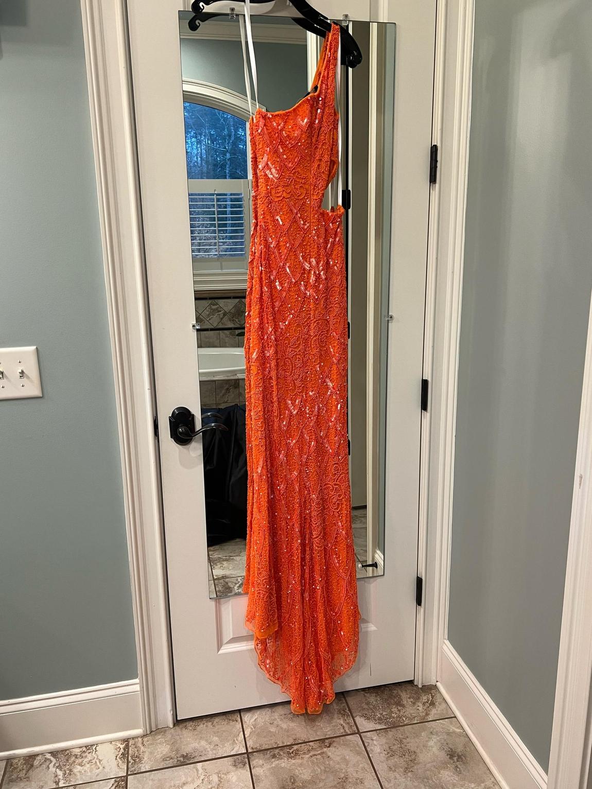 Primavera Style #3729 Size 00 Prom One Shoulder Sequined Orange Floor Length Maxi on Queenly