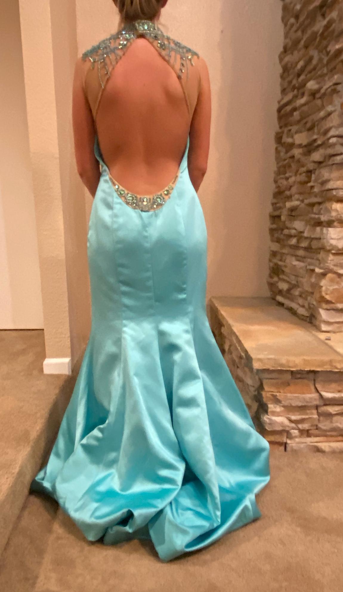 Sherri Hill Size 10 Prom High Neck Satin Light Blue Mermaid Dress on Queenly