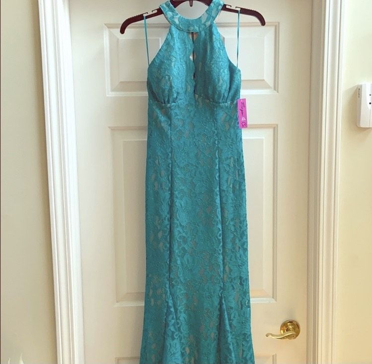 Morgan and Co Size 2 Prom Strapless Lace Turquoise Blue Mermaid Dress on Queenly