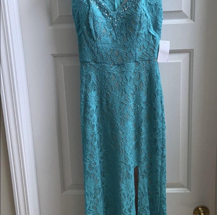 Jodi Kristopher Size 2 Prom Lace Turquoise Blue Mermaid Dress on Queenly