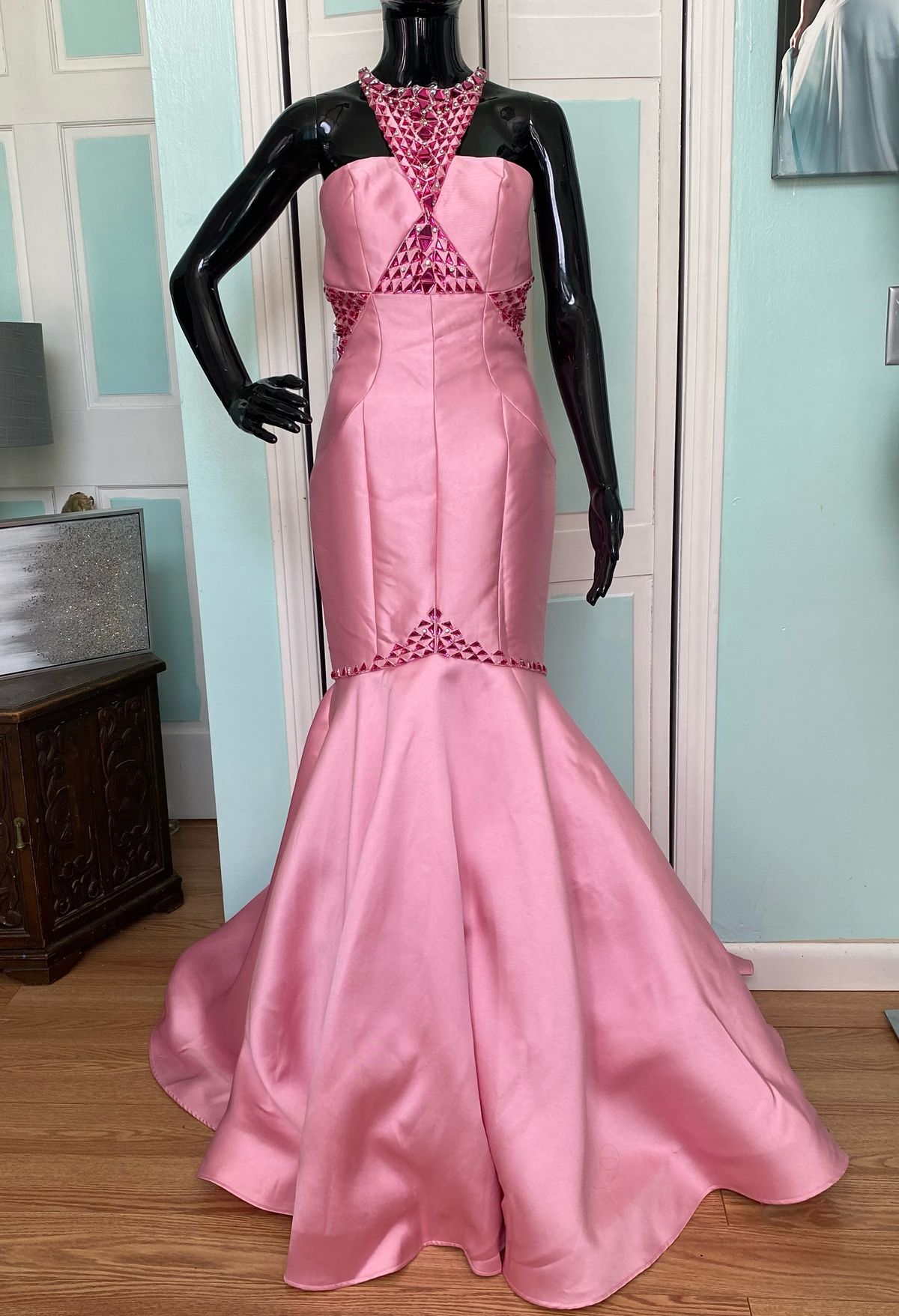 Rachel Allan Size 4 Prom Halter Sequined Hot Pink Mermaid Dress on Queenly