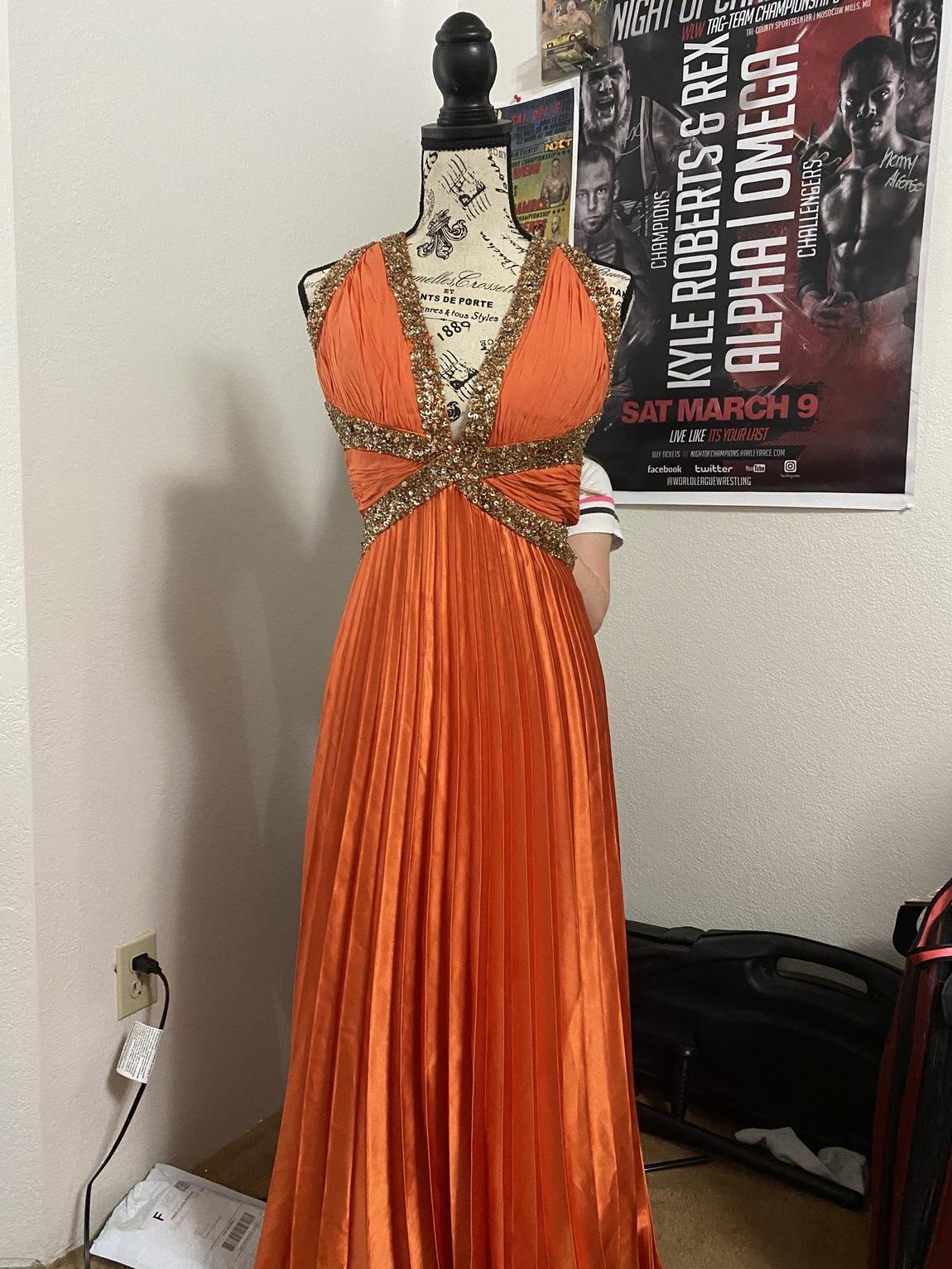 Dave and Johnny Size 12 Prom Plunge Sequined Orange Ball Gown on Queenly