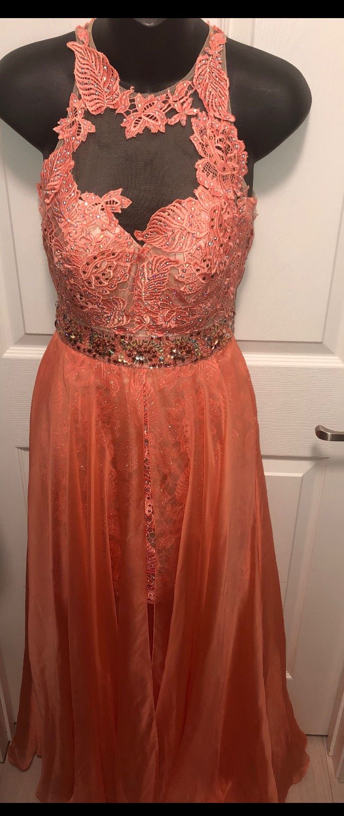 Sherri Hill Size 2 Fun Fashion Halter Lace Orange Dress With Train on Queenly