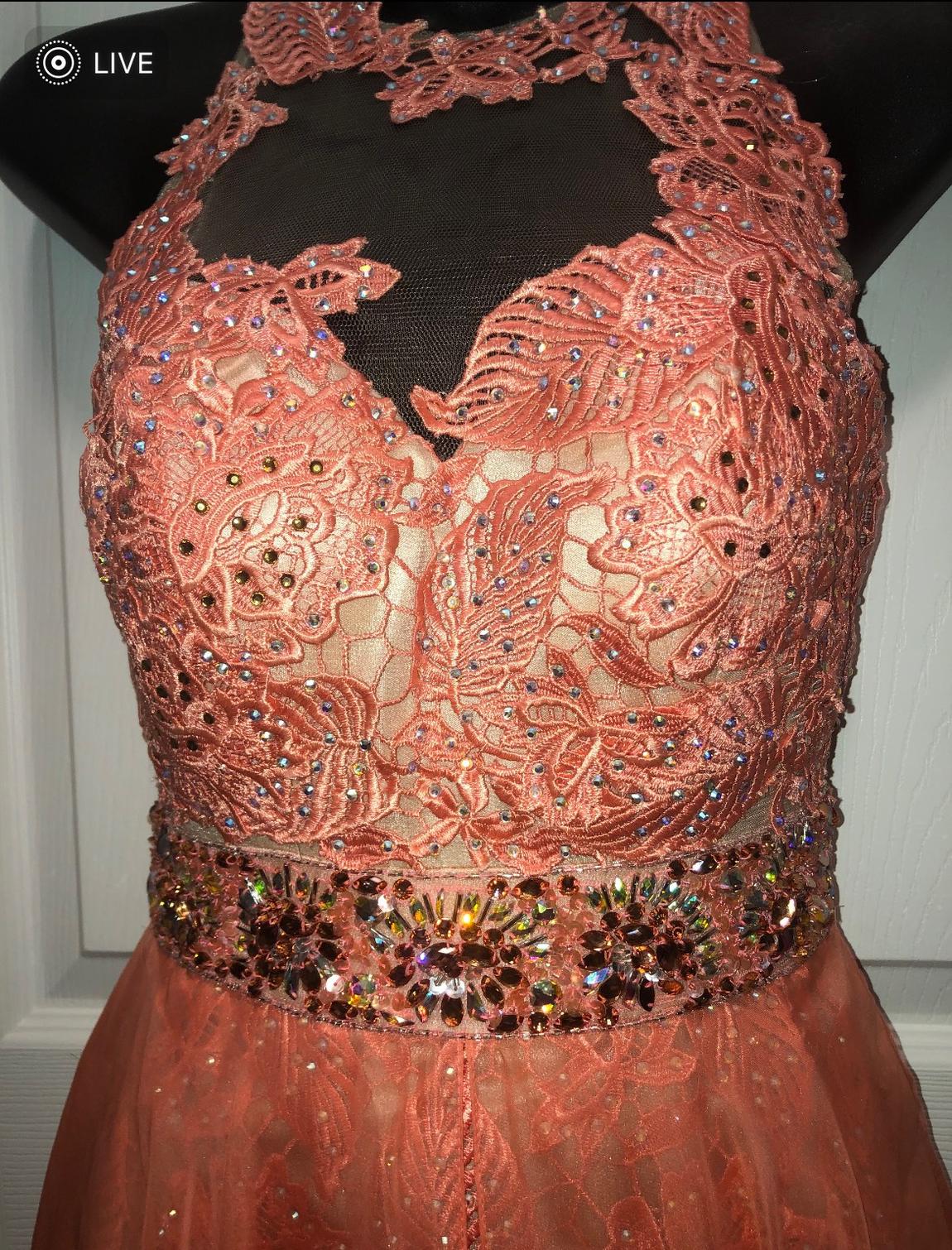 Sherri Hill Size 2 Fun Fashion Halter Lace Orange Dress With Train on Queenly