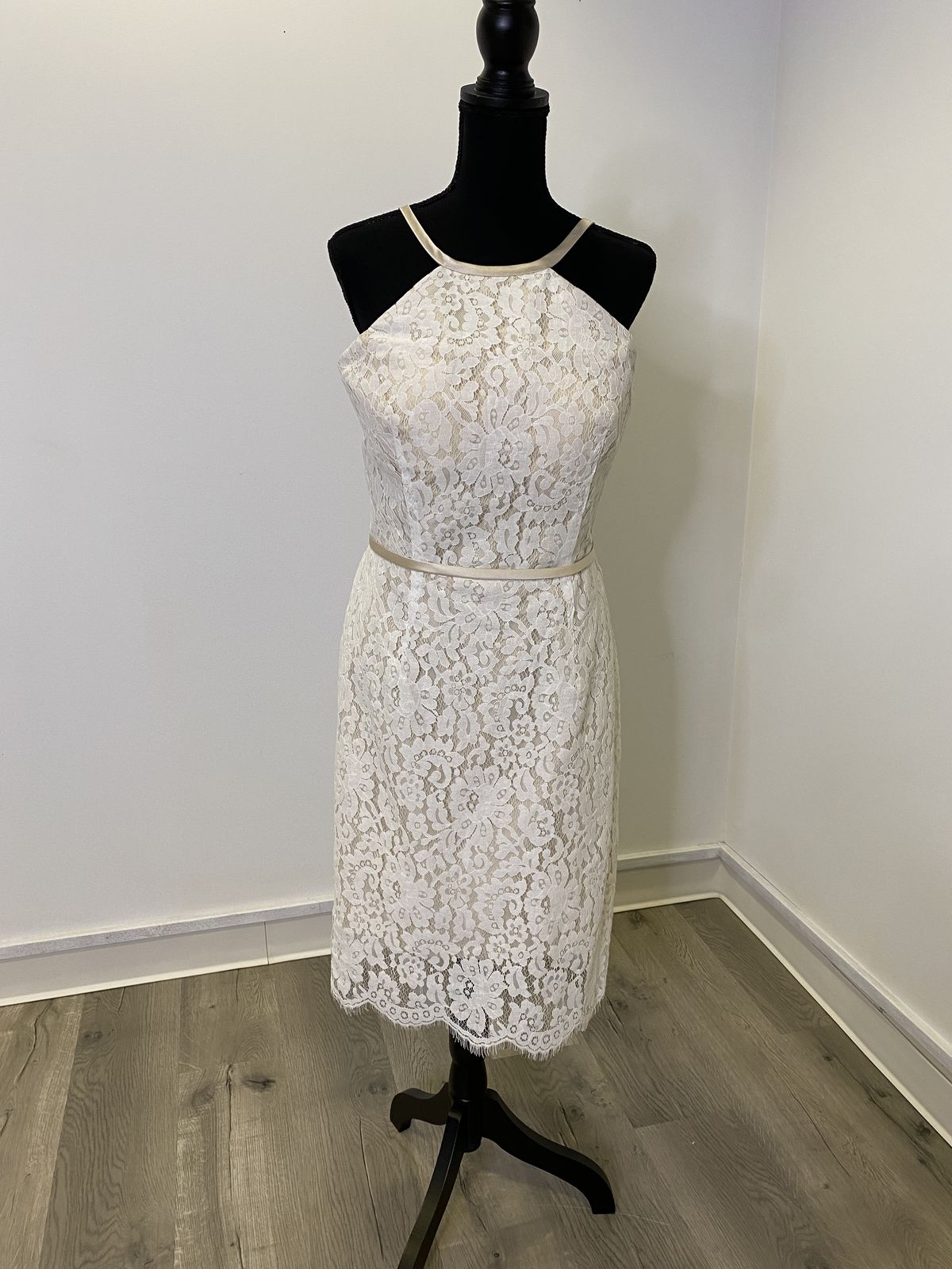 Style 22802 Christina Wu Size 14 Halter Lace White Cocktail Dress on Queenly