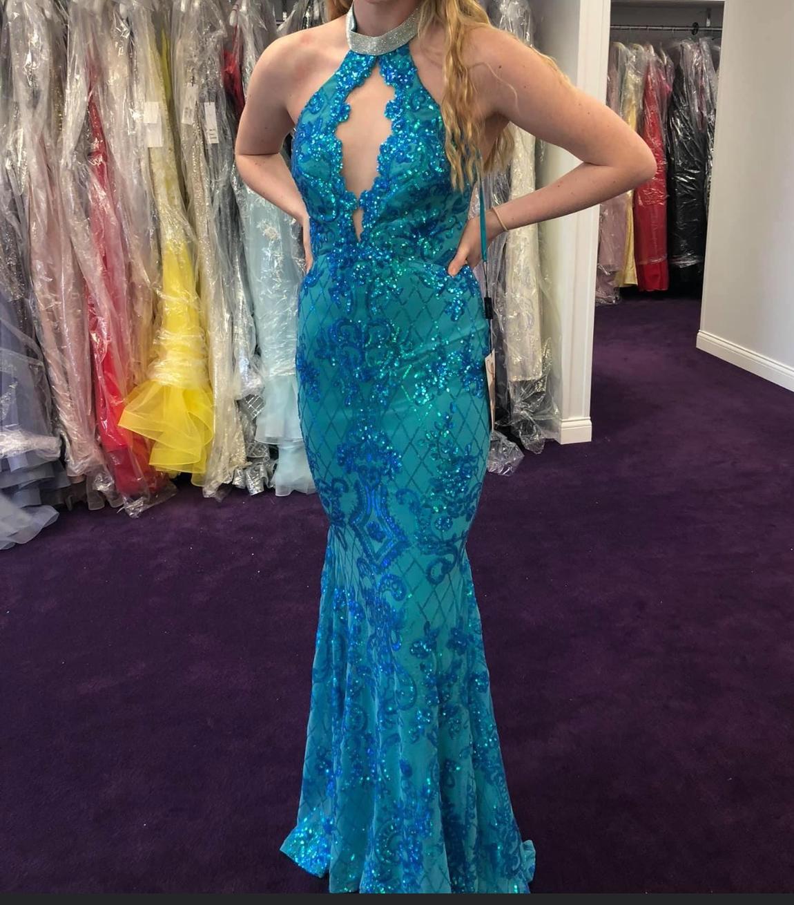 Size 2 Prom Halter Sheer Blue Mermaid Dress on Queenly