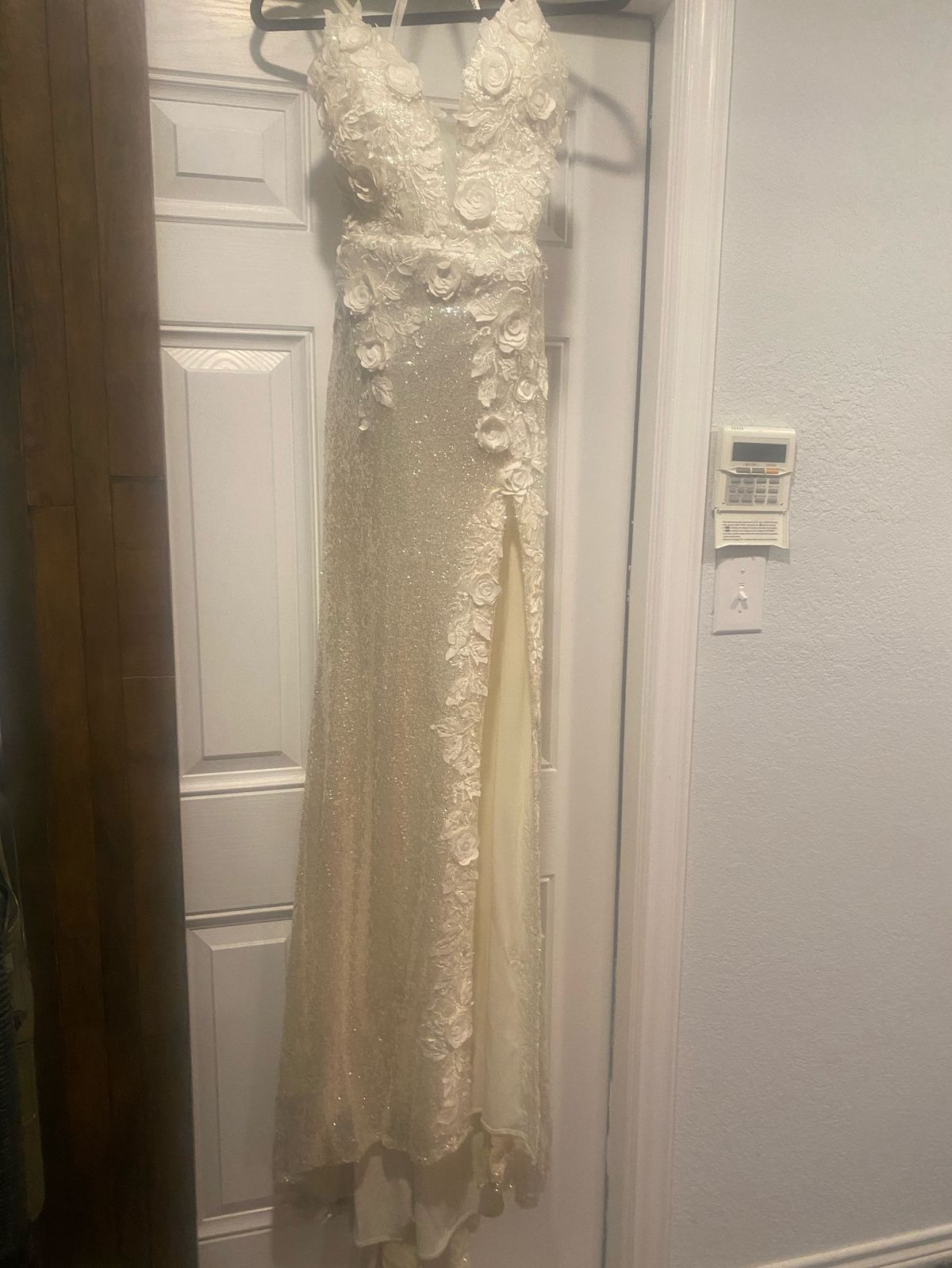 Jovani Size 6 Wedding Sequined White Floor Length Maxi on Queenly