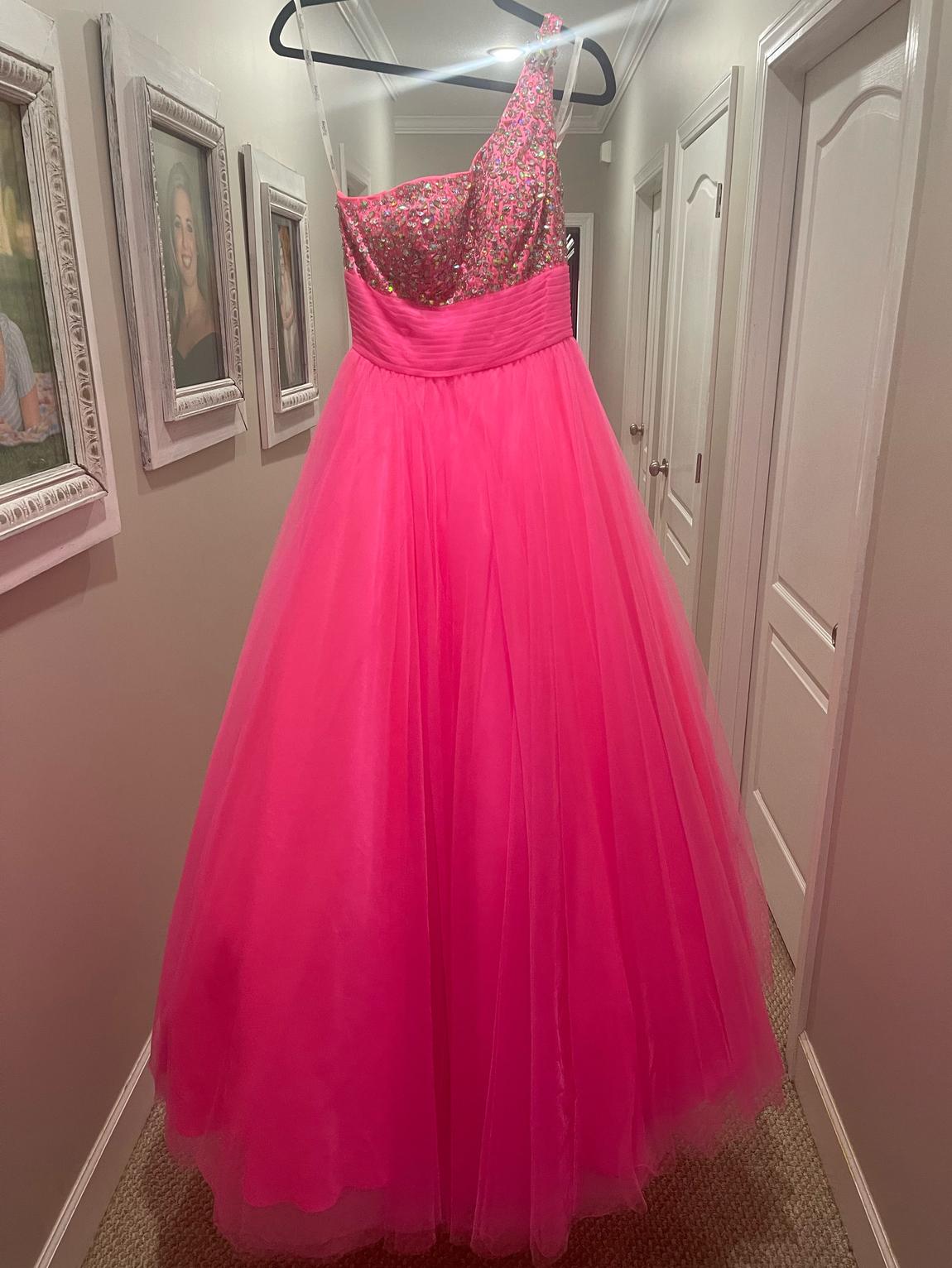 Tiffany Designs Size 6 One Shoulder Sequined Hot Pink Ball Gown on Queenly
