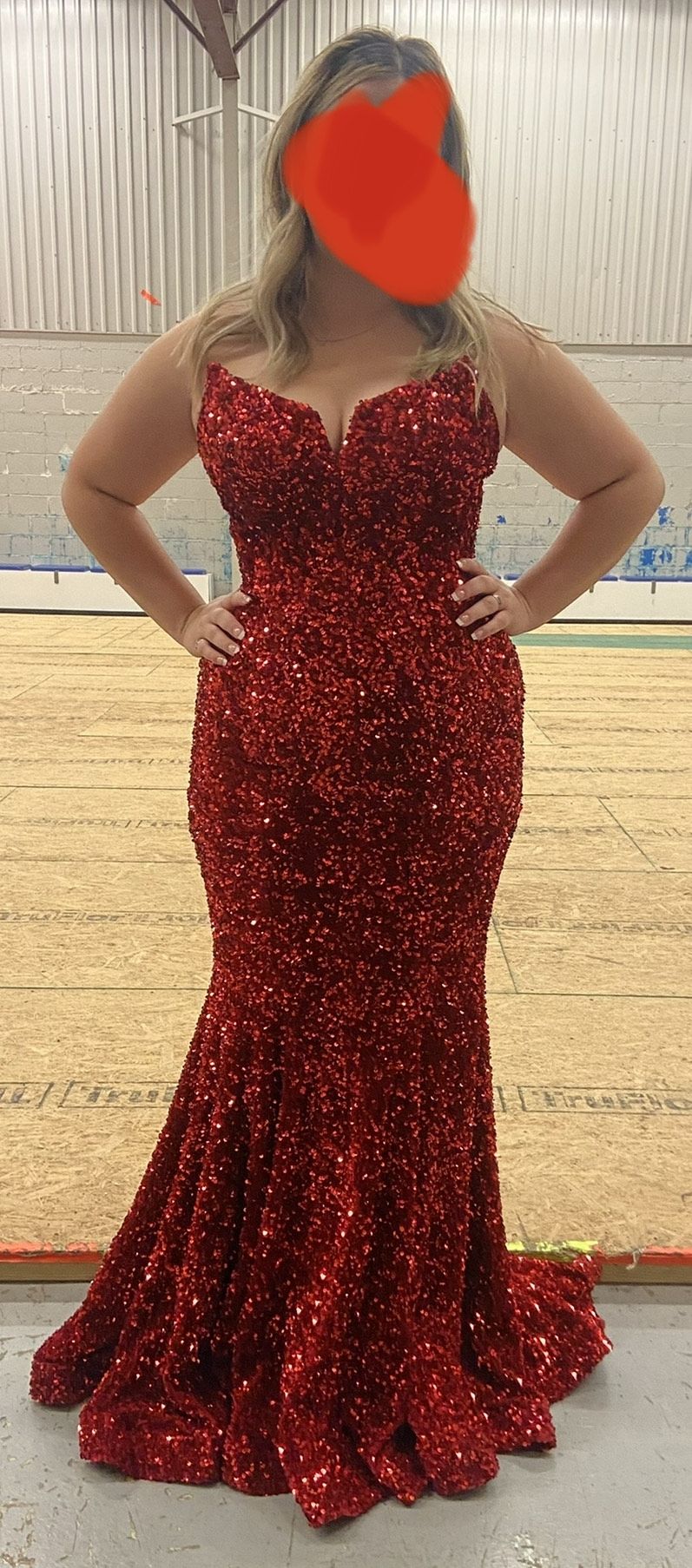 Size 14 Strapless Sequined Red Mermaid Dress on Queenly
