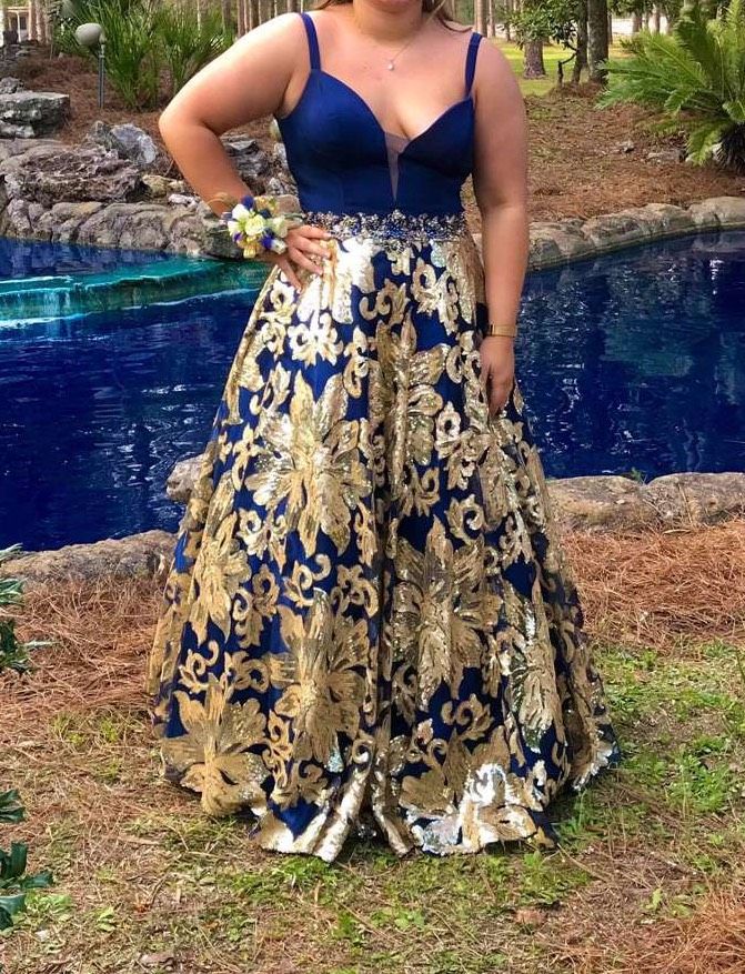 Size 12 Prom Sequined Navy Blue Ball Gown on Queenly