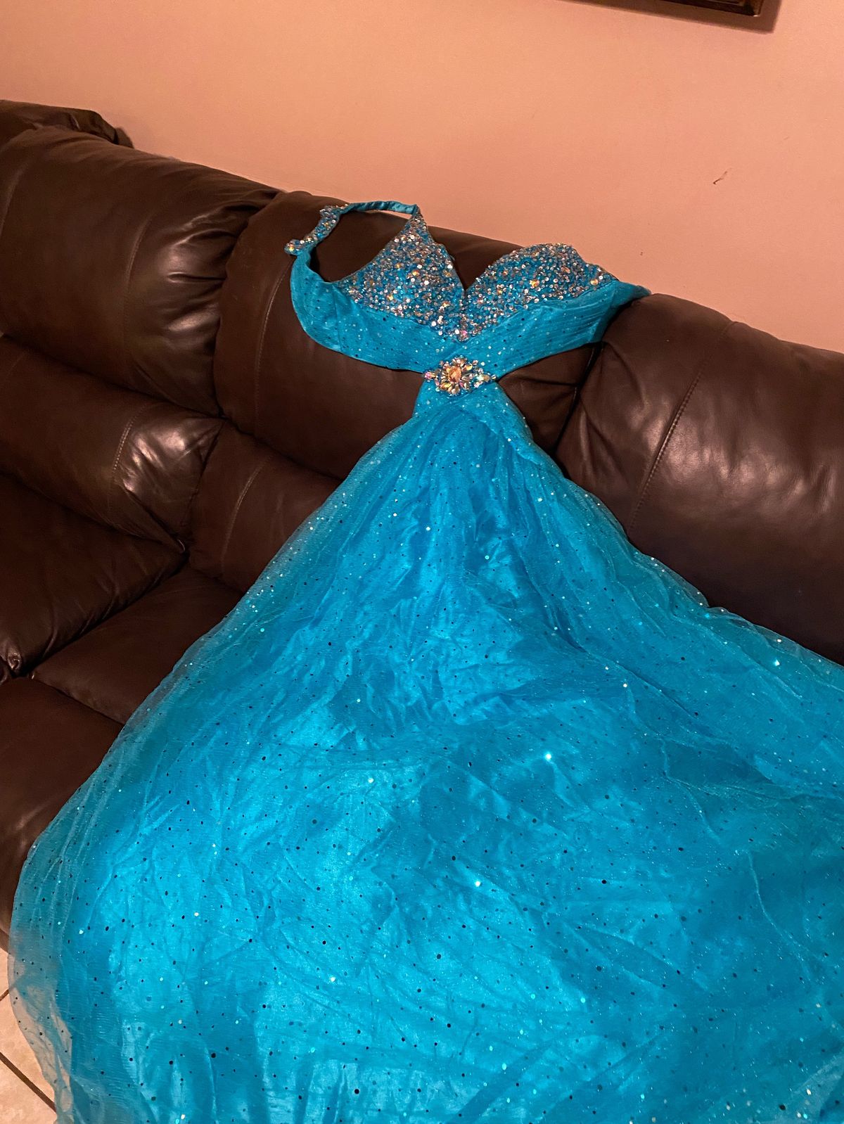 Mac Duggal Size 2 Halter Sequined Blue Ball Gown on Queenly