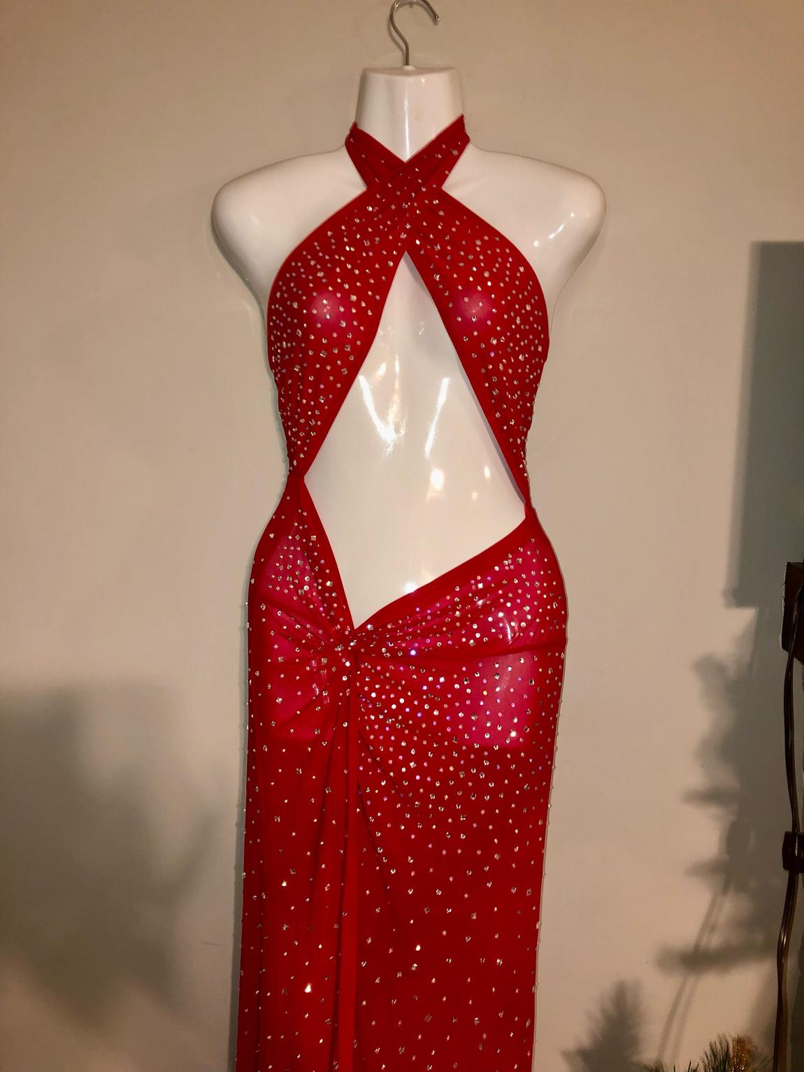 Size 4 Prom Halter Sequined Red Side Slit Dress on Queenly