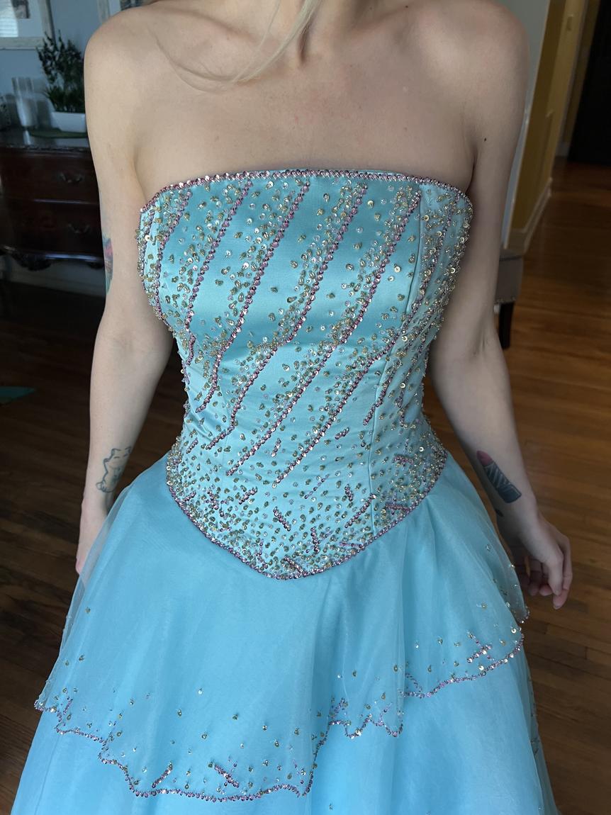 Size 2 Prom Strapless Satin Light Blue Ball Gown on Queenly