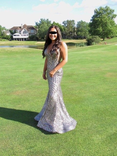 Jovani Size 2 Prom Plunge Sequined Silver Mermaid Dress on Queenly