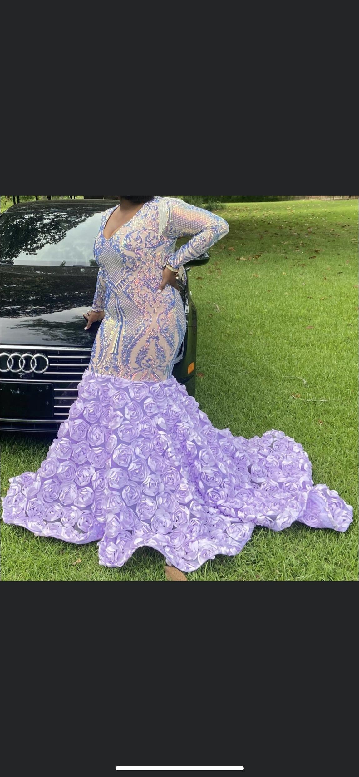 Size 14 Prom Long Sleeve Purple Mermaid Dress on Queenly