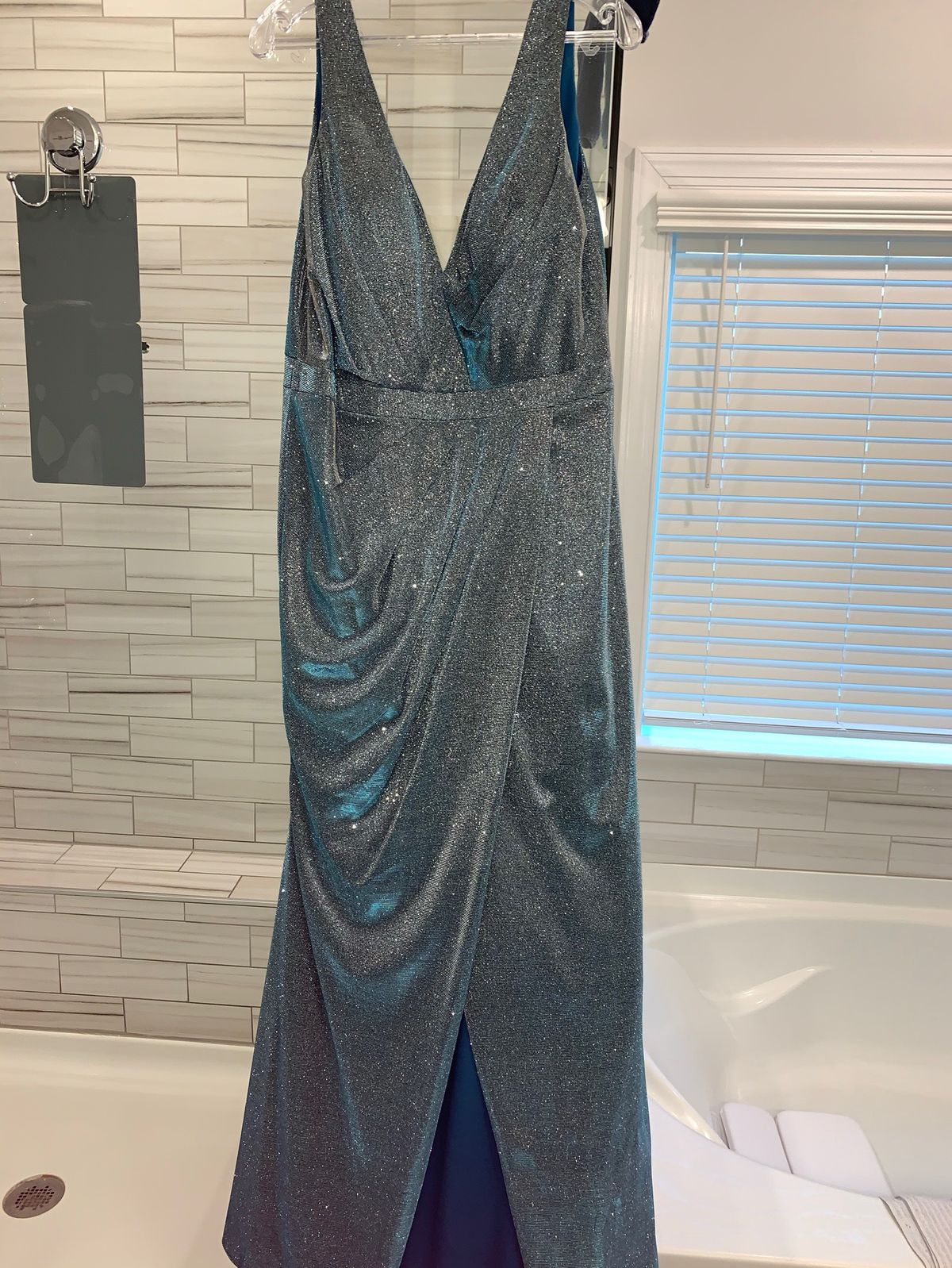 Plus Size 18 Prom Sheer Light Blue Side Slit Dress on Queenly