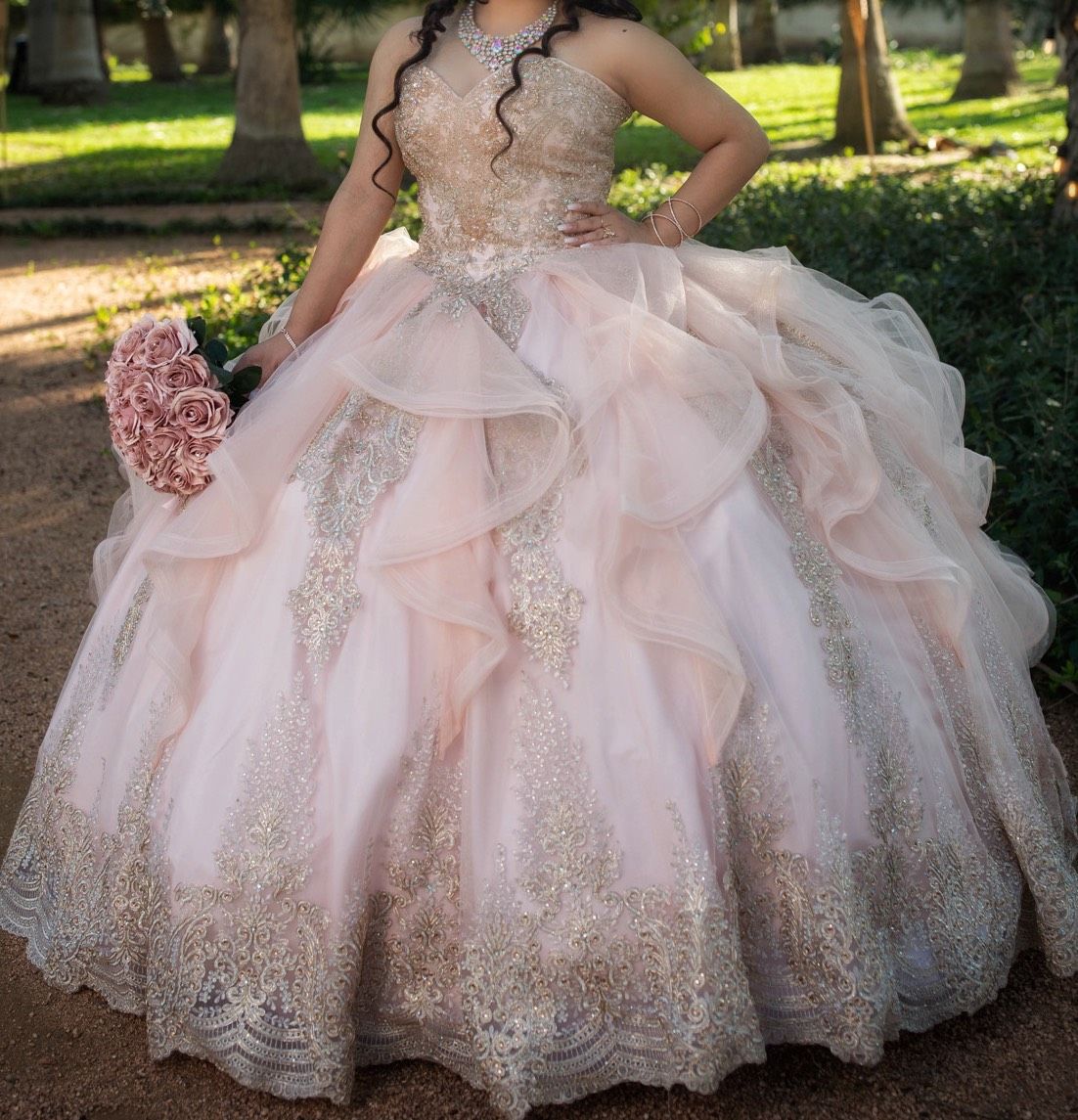 Princesa- Ariana Vara Size 10 Prom Strapless Lace Light Pink Ball Gown on Queenly