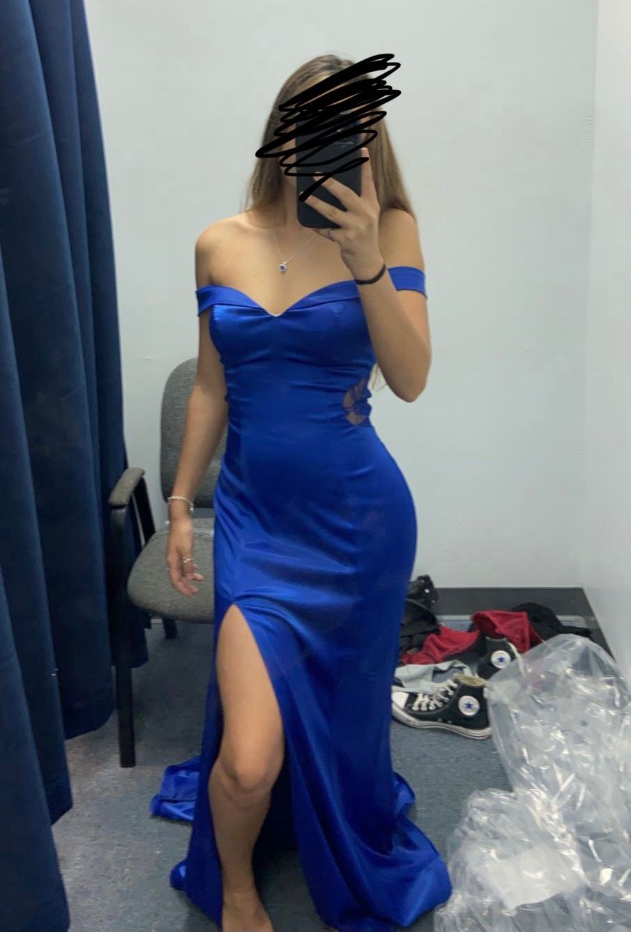 Size 4 Off The Shoulder Lace Blue Side Slit Dress on Queenly